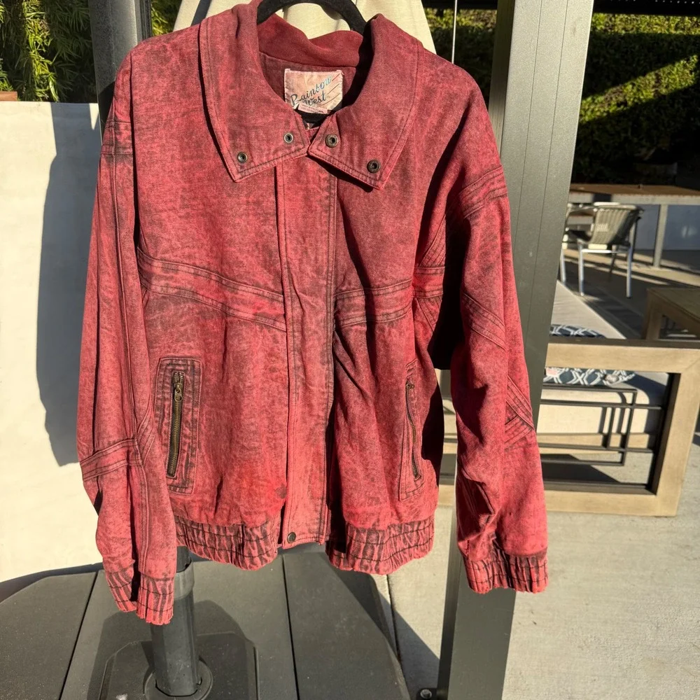 Vintage Rainbow West Acid Wash Cotton Bomber Jacket Burgundy Red XL Mens 80s 90s